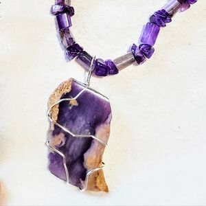 Amethyst necklace with petrified wood pendant and matching ring